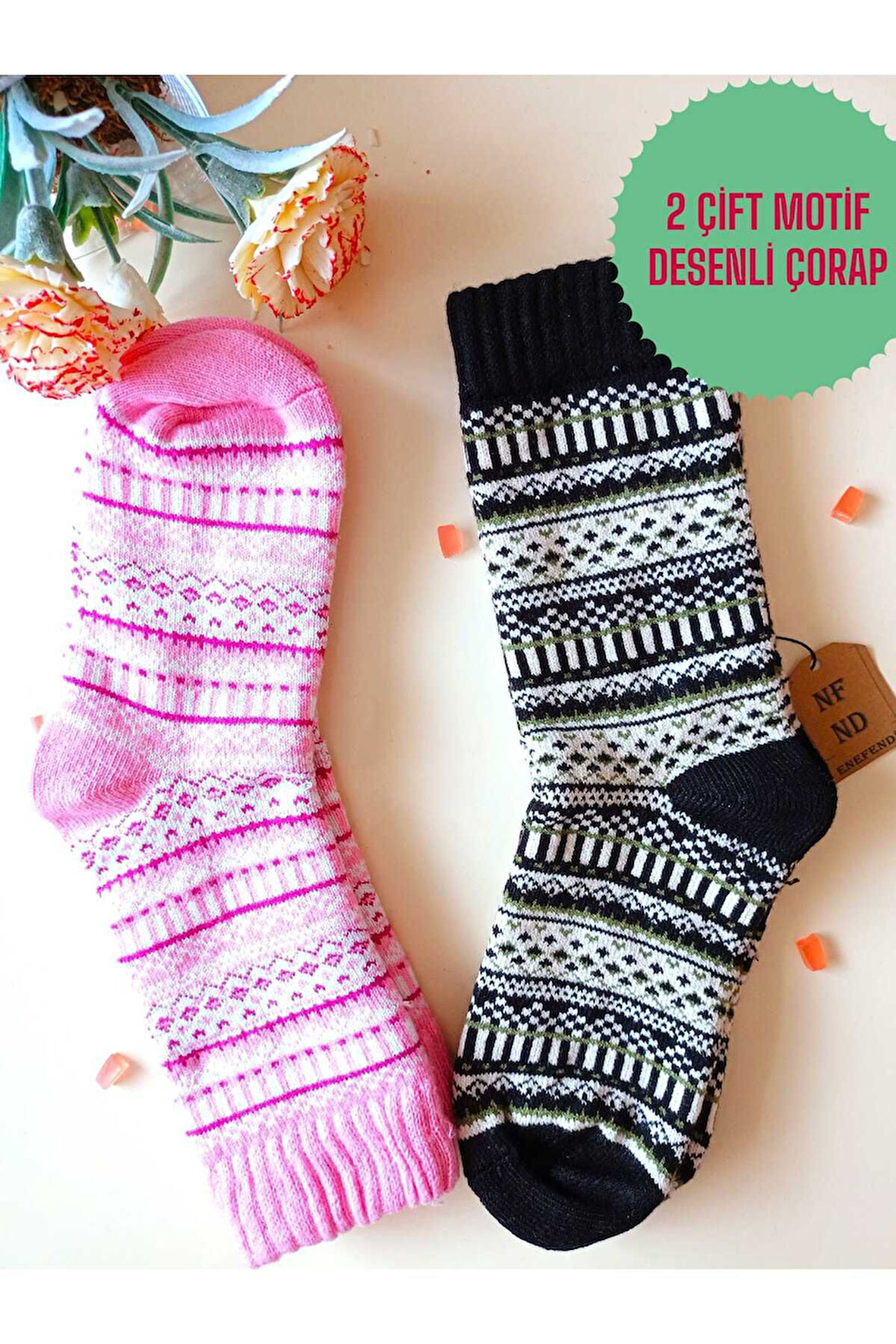 2 ÇİFT KALIN KIŞLIK YUMUŞAK ÇORAP YILBAŞI MOTİF ETNİK DESENLİ KADIN ÇORABI SİYAHYEŞİL PEMBE 36-40