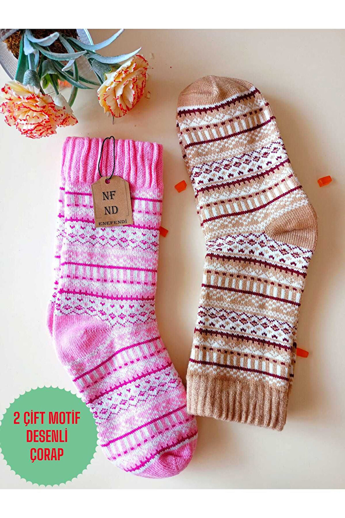2 ÇİFT KALIN KIŞLIK YUMUŞAK ÇORAP YILBAŞI MOTİF ETNİK DESENLİ KADIN ÇORABI SÜTLÜKAHVE PEMBE 36-40