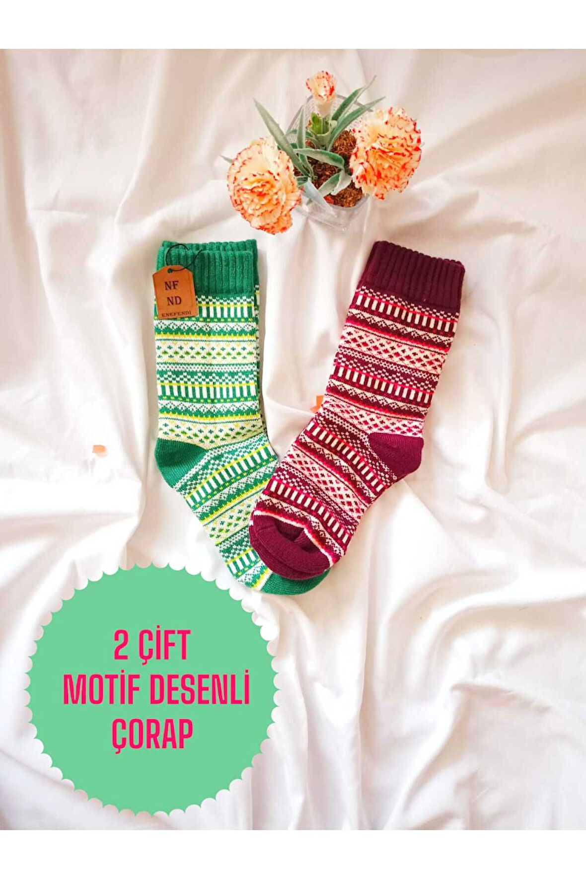 2 ÇİFT KALIN KIŞLIK YUMUŞAK ÇORAP SICAK YILBAŞI MOTİF ETNİK DESENLİ KADIN ÇORABI YEŞİL MOR 36-40