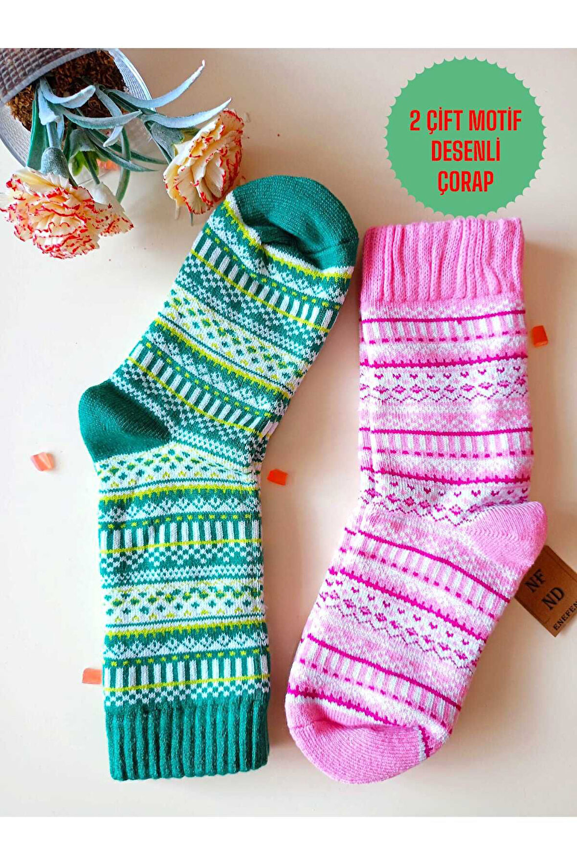 2 ÇİFT KALIN KIŞLIK YUMUŞAK ÇORAP YILBAŞI MOTİF ETNİK DESENLİ KADIN ÇORABI YEŞİL PEMBE 36-40