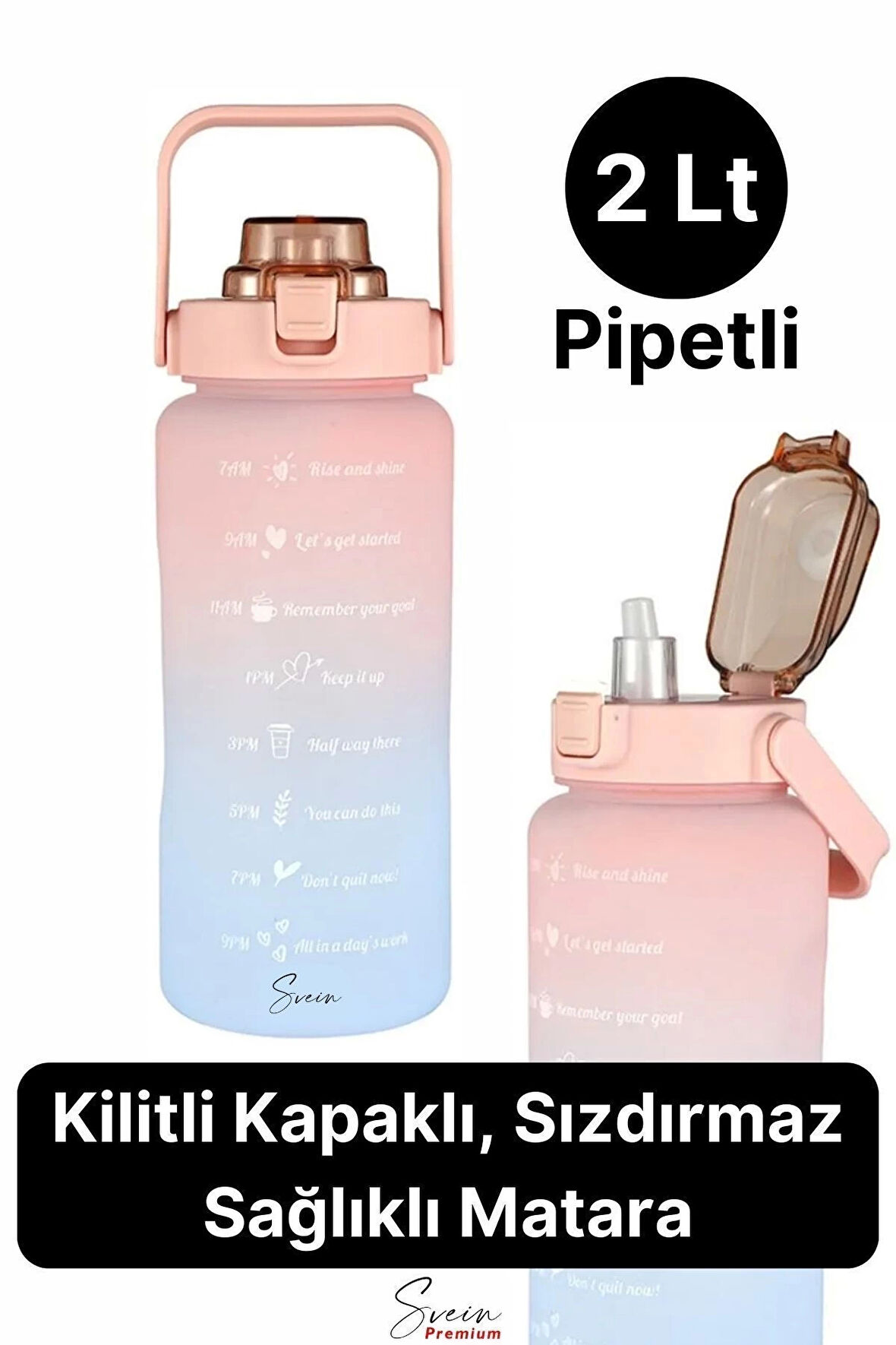 2 Lt Pipetli Motivasyonel Su Matarası Sağlıklı Sızdırmaz Suluk Tritan Spor Salonu Su Şişesi Sticker