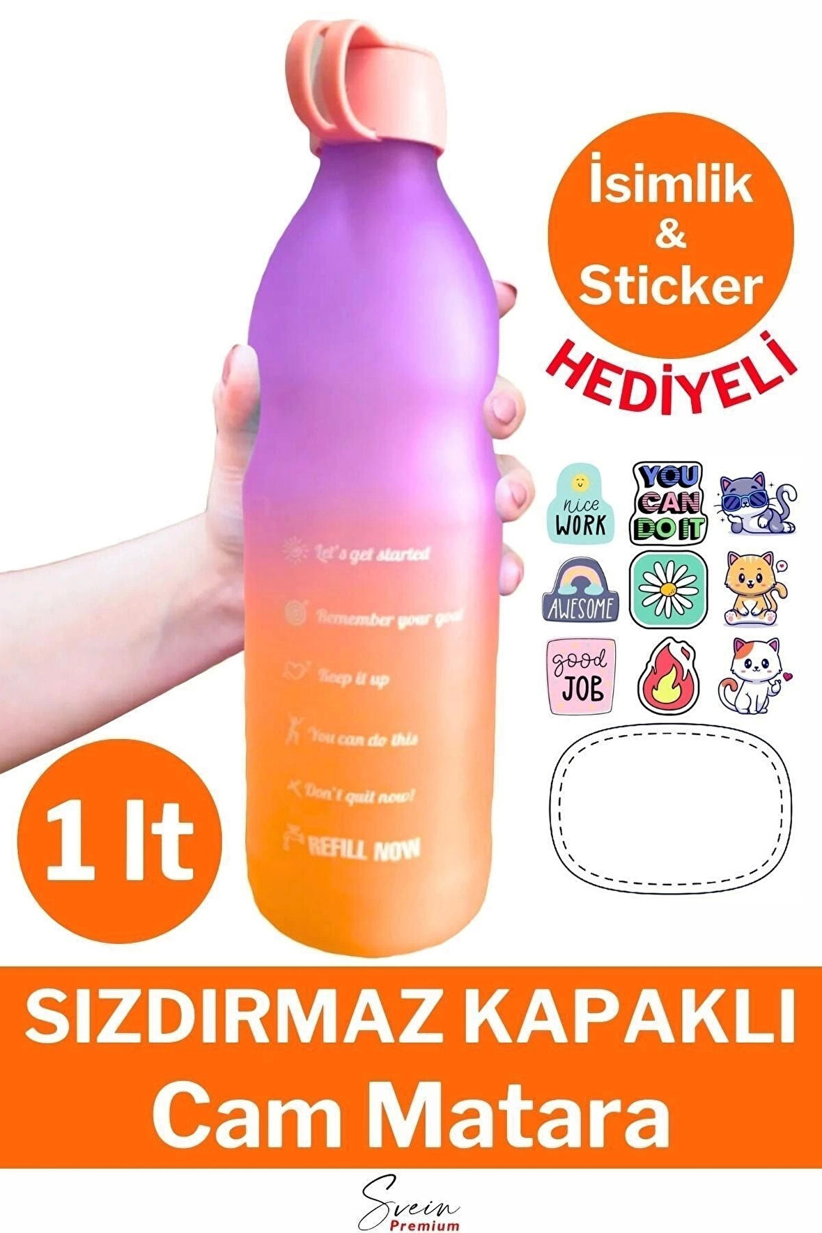 Premium Sızdırmaz Motivasyonel Sporcu Cam Renkli Su Matarası 1 Litre Suluk Tritan Bpa İçermez 1 Adet