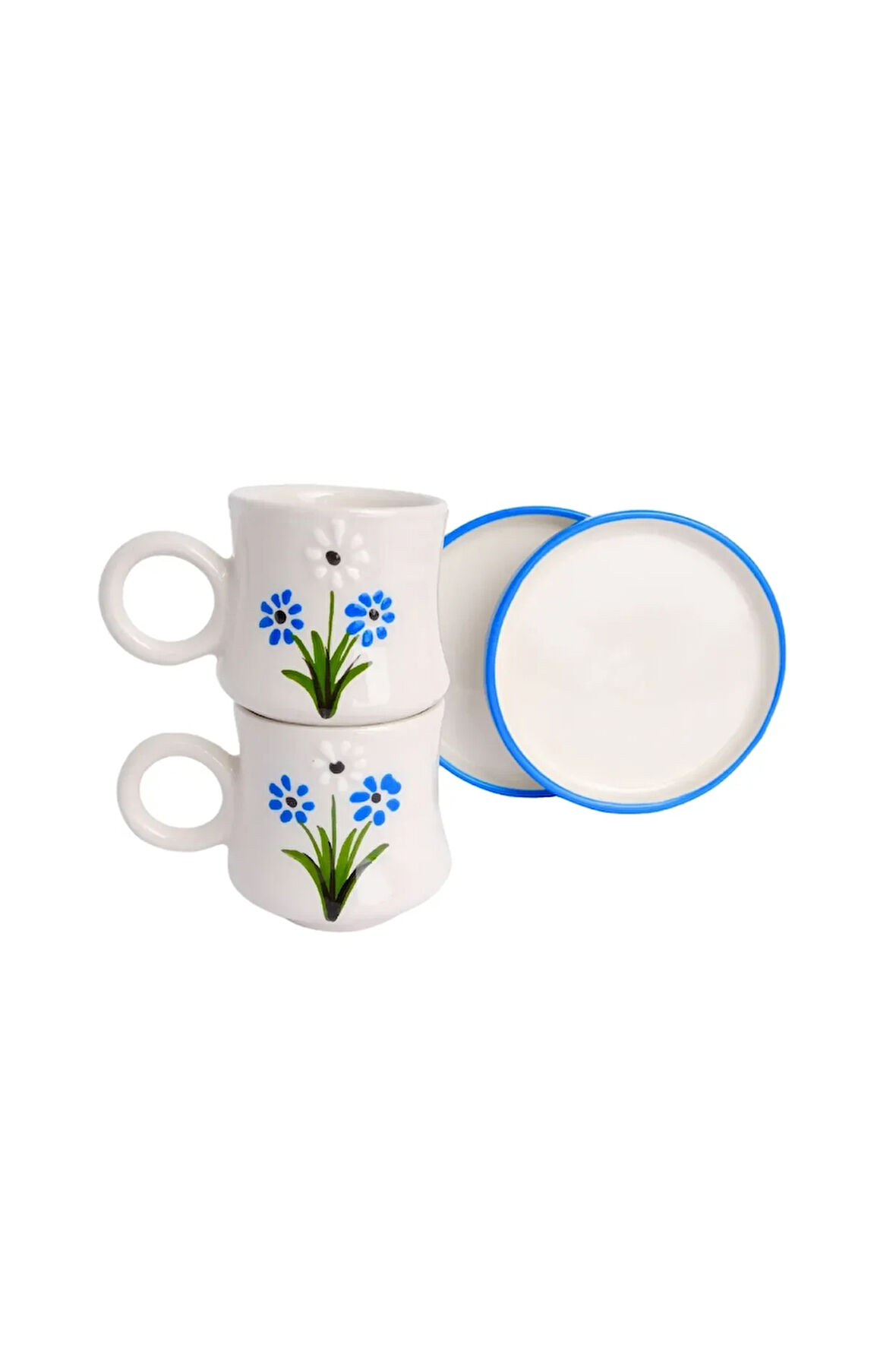 2’li Takım Mavi Papatya Desenli, El Yapımı kazan Seramik Kahve Fincanı, Kahve Fincanı, Hand made