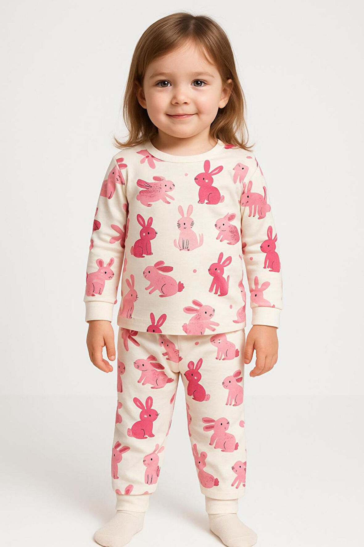 Kız Çocuk Tavşan Desenli Pamuklu Pijama Takımı