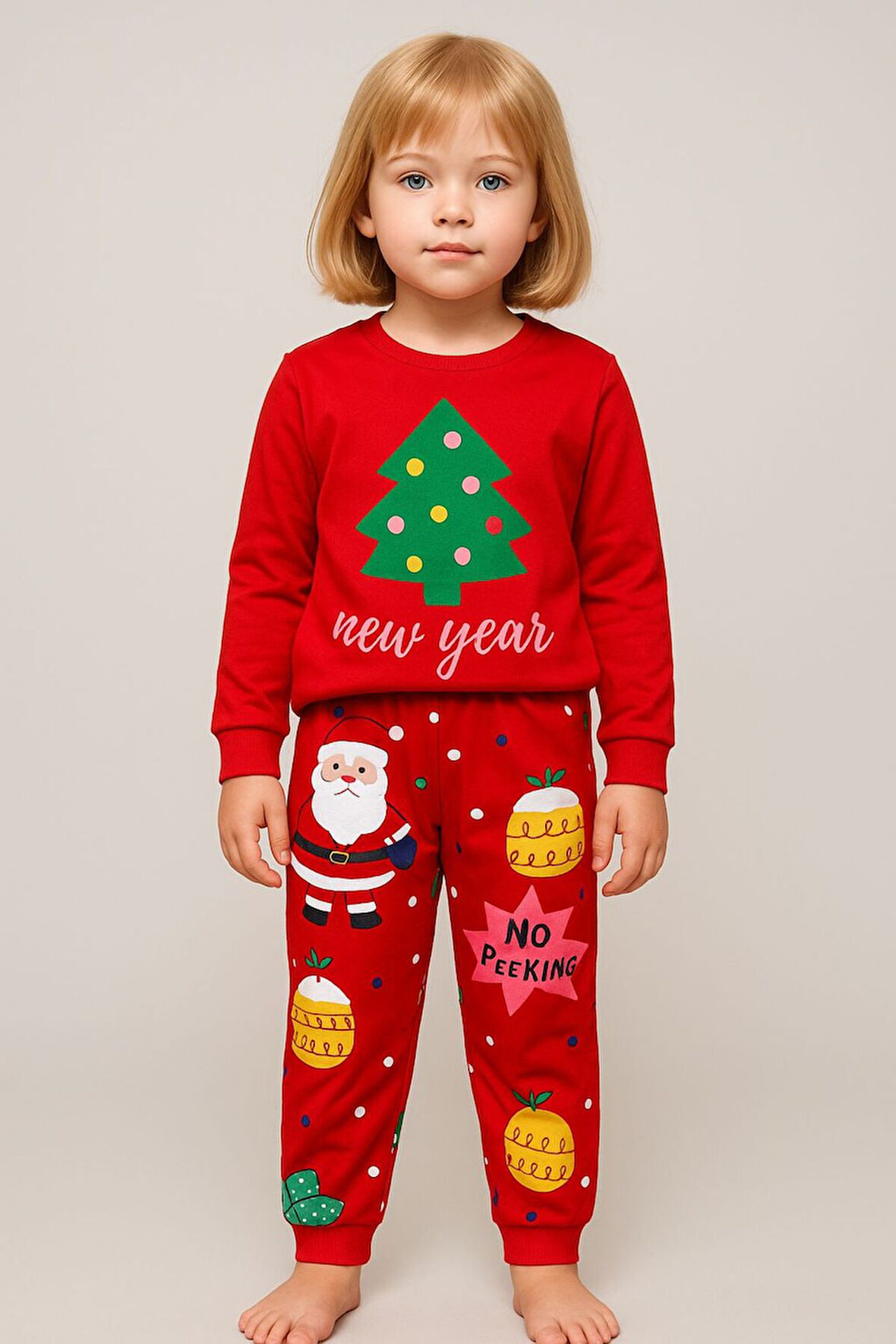 Kız Çocuk Yılbaşı Temalı Pamuklu Pijama Takımı