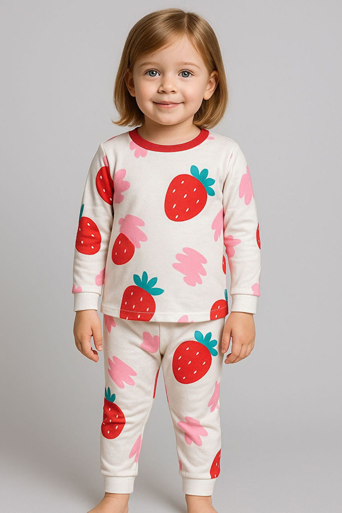 Kız Çocuk Çilek Desenli Pamuklu Pijama Takımı