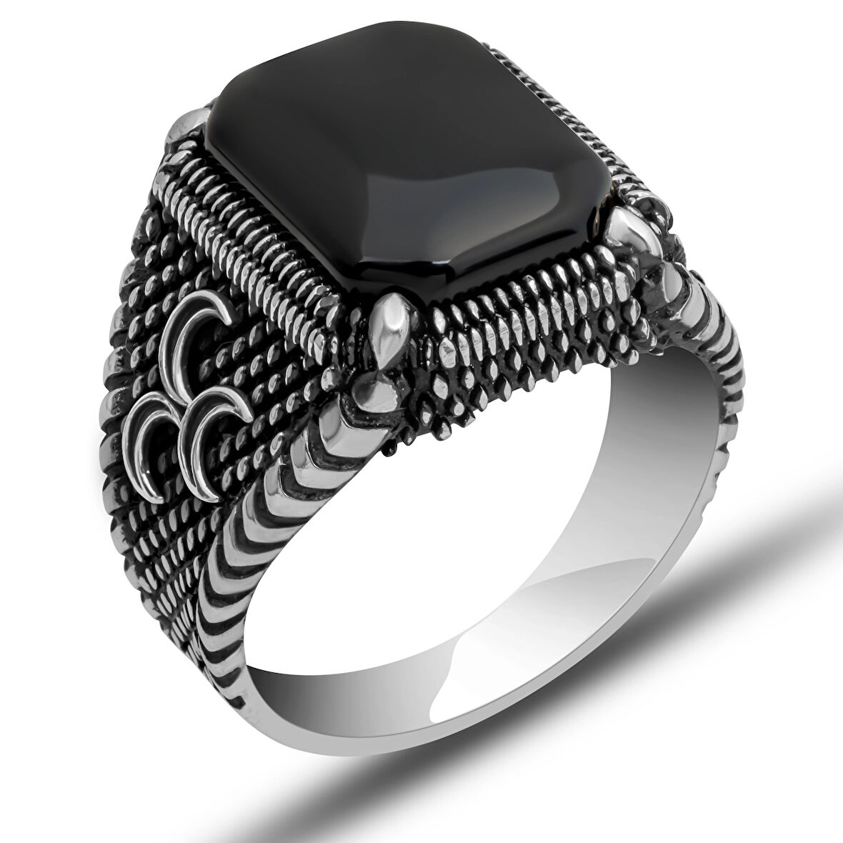 Gümüş Üç Hilal Oniks Erkek Yüzük