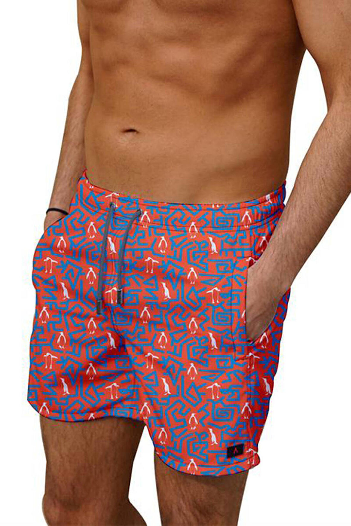 Su İtici Özellikli Dijital Baskılı Erkek Plaj Deniz Şort Mayo - 199-Turuncu