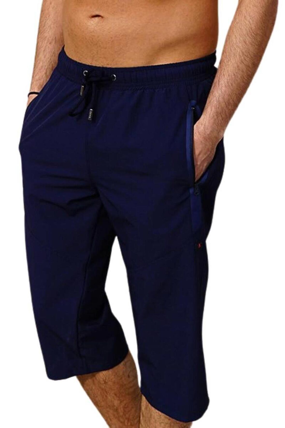 Lacivert Diz Altı Uzun Model Su İtici Özellikli Likralı Esnek Kumaş Erkek Plaj Deniz Kapri Şort - 941-Lacivert