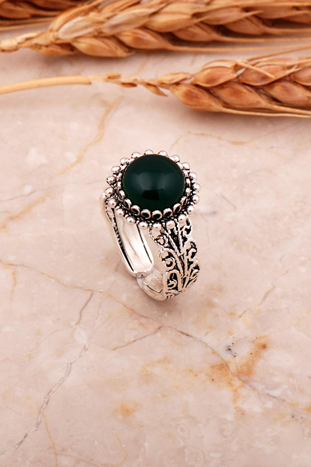 Yeşil Akik Taşlı Telkari Elişi Gümüş Yüzük 3751