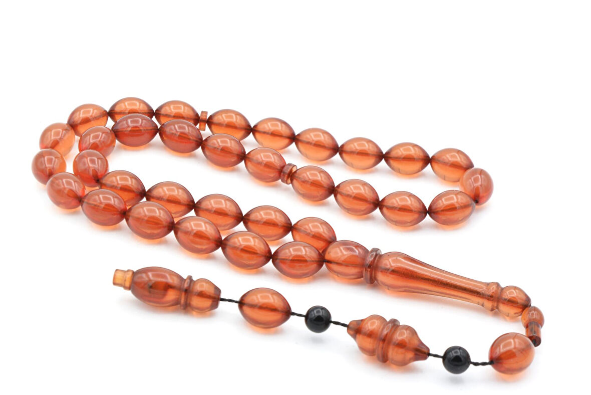 USTA İŞİ SİSTEMLİ TOMBUL BEYZİ KESİM AÇIK TURUNCU SIKMA KEHRİBAR TESBİH 158