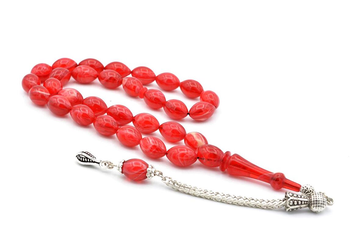 TİLKİ KUYRUĞU KAMÇILI BEYZİ KESİM HARELİ KIRMIZI SIKMA KEHRİBAR TESBİH 054