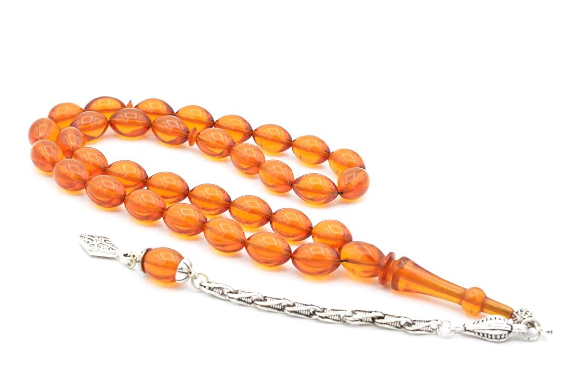 Gümüş Kaplama Sistemli Beyzi Kesim Turuncu Sıkma Kehribar Tesbih