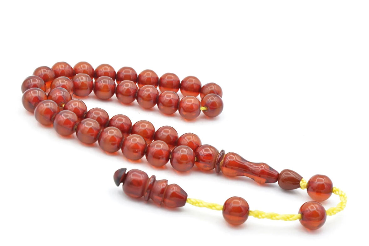 Usta İşi Sistemli Küre Kesim Çubuk Malzeme Sarı Sıkma Kehribar Tesbih 187