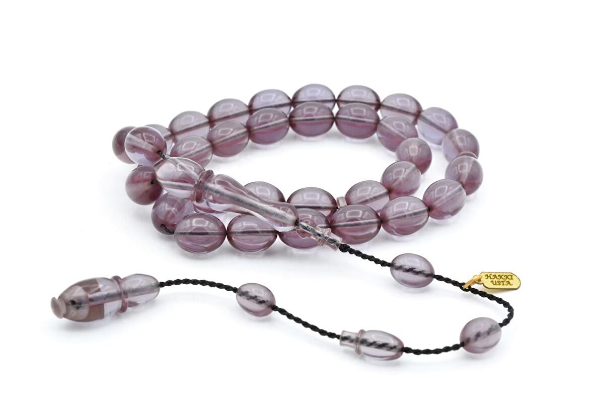 Hakkı Usta İmzalı Beyzi Kesim Açık Mor Sıkma Kehribar Tesbih
