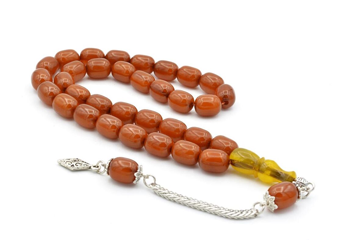 Tilki Kuyruğu Kamçılı Kapsül Kesim İmamesi Tıraşlı Koyu Turuncu Sıkma Kehribar Tesbih