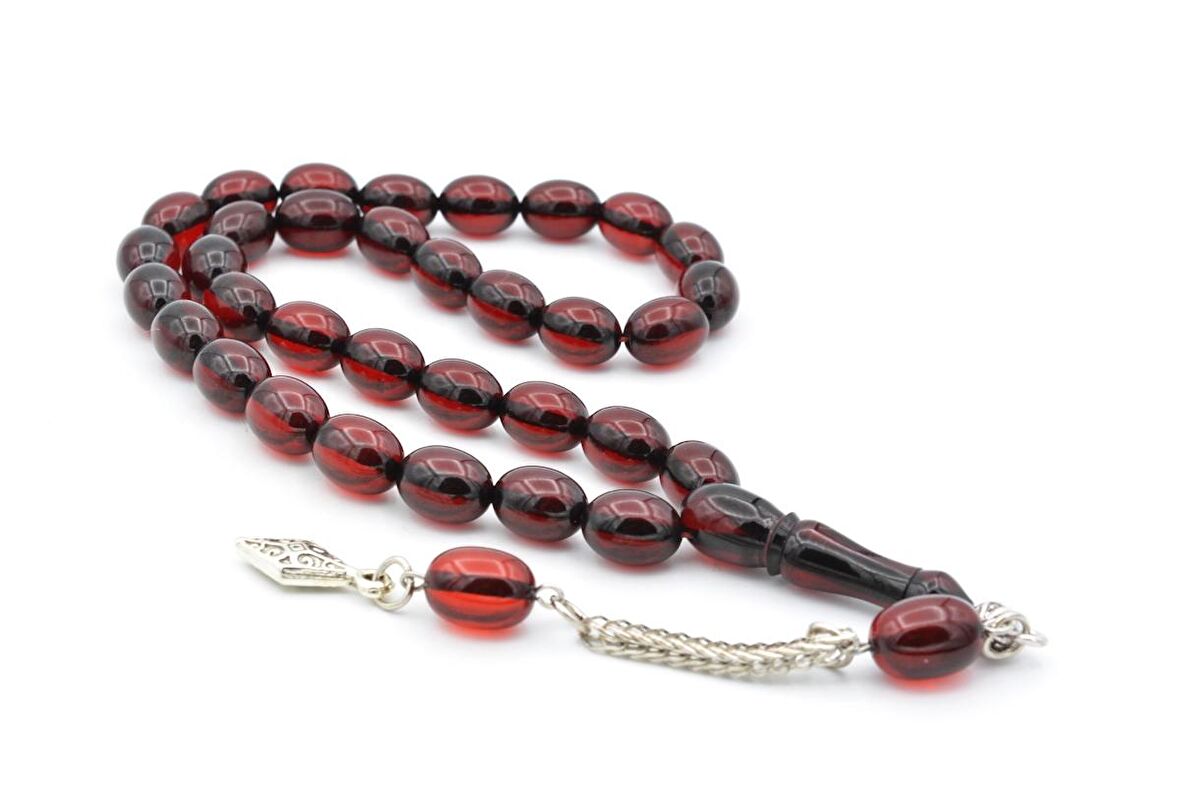 Tilki Kuyruğu Kamçılı Tombul Beyzi Kesim Kırmızı Sıkma Kehribar Tesbih