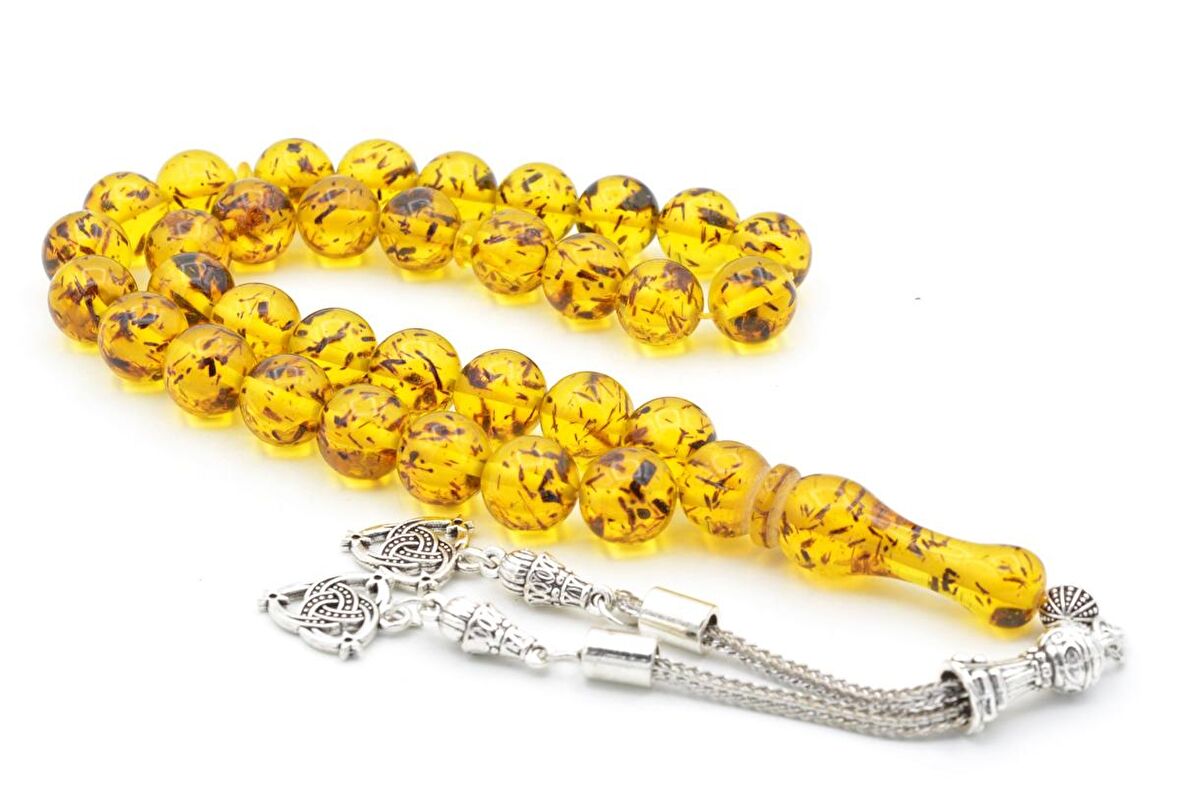 Kaplama Püsküllü Küre Kesim Fosilli Sarı Toz Pres Kehribar Tesbih