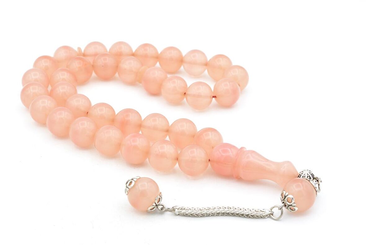 Gümüş Kaplama Kamçılı Küre Kesim Açık Pembe Sıkma Kehribar Tesbih