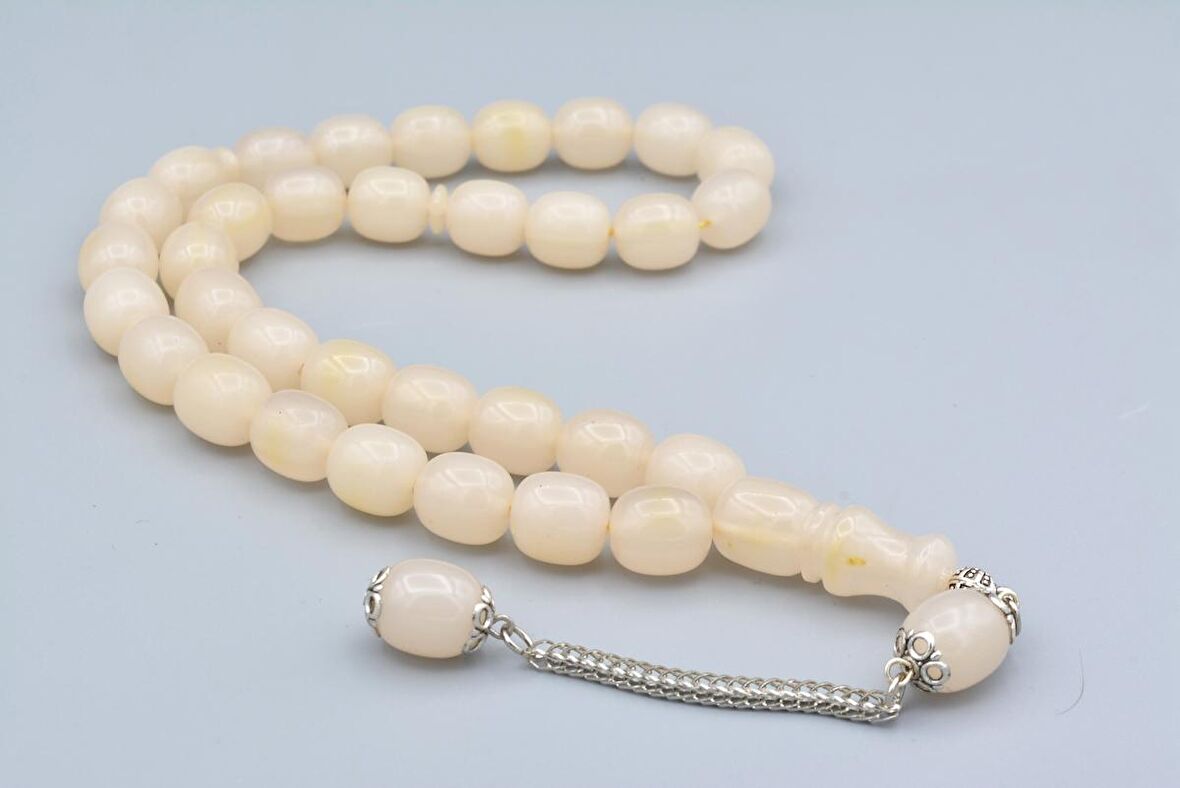 Gümüş Kaplama Kamçılı Fıçı Kesim Beyaz Katalin Tesbih İri Boy