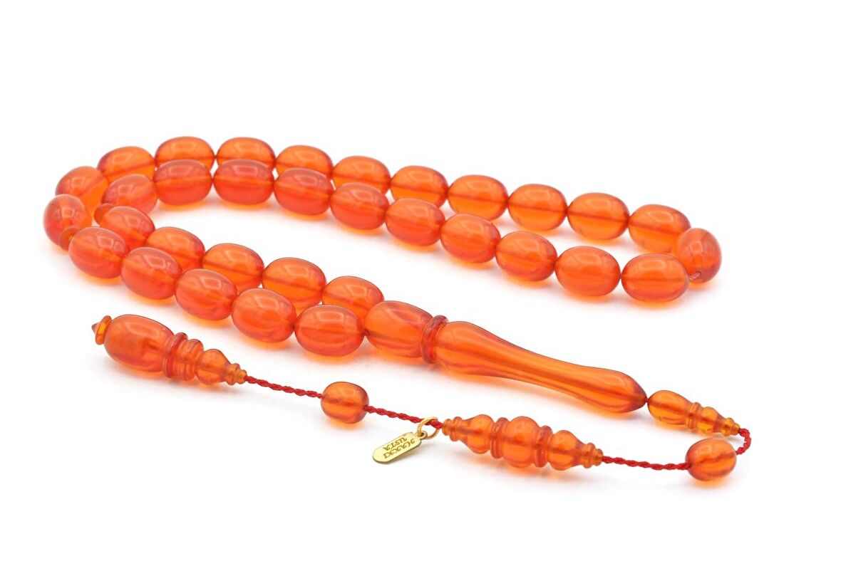 Hakkı Usta İmzalı Badem Kesim Turuncu Sıkma Kehribar Tesbih