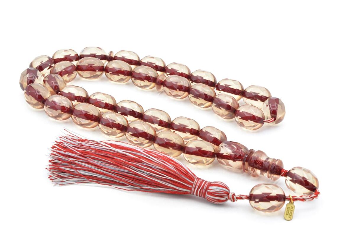 Hakkı Usta İmzalı Beyzi Kesim Fasetalı Dev Boy Bej Sıkma Kehribar Tesbih