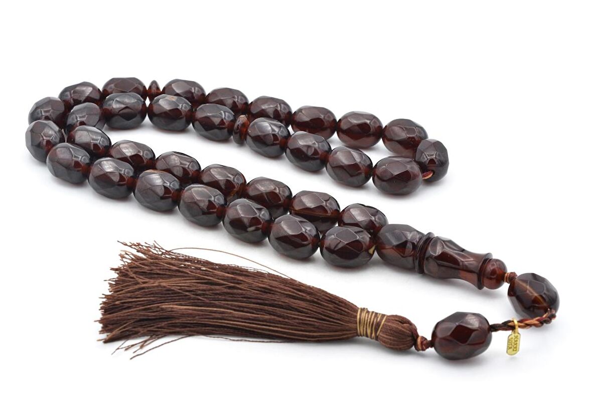 Hakkı Usta İmzalı Beyzi Kesim Fasetalı Dev Boy Kahverengi Sıkma Kehribar Tesbih 