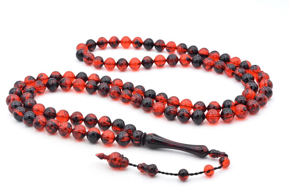 Usta İşi Sistemli Sığırcık Kesim 99 luk Kırmızı Siyah Uçak Camı Tesbih