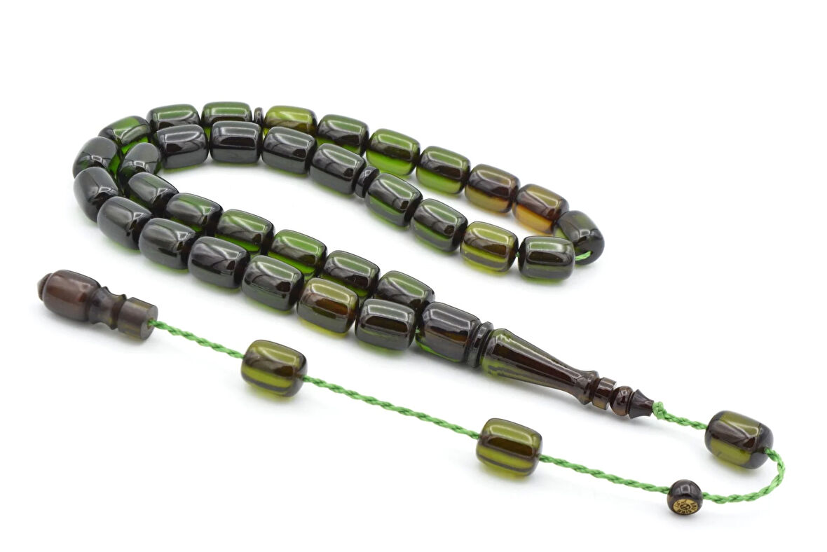 Ebu Sırr İmzalı Kapsül Kesim Yeşil Sıkma Kehribar Tesbih 