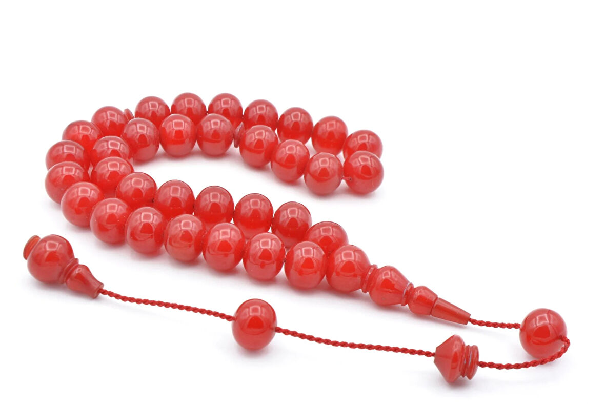 Usta İşi Sistemli Basık Küre Kesim Vişne Rengi Sıkma Kehribar Tesbih