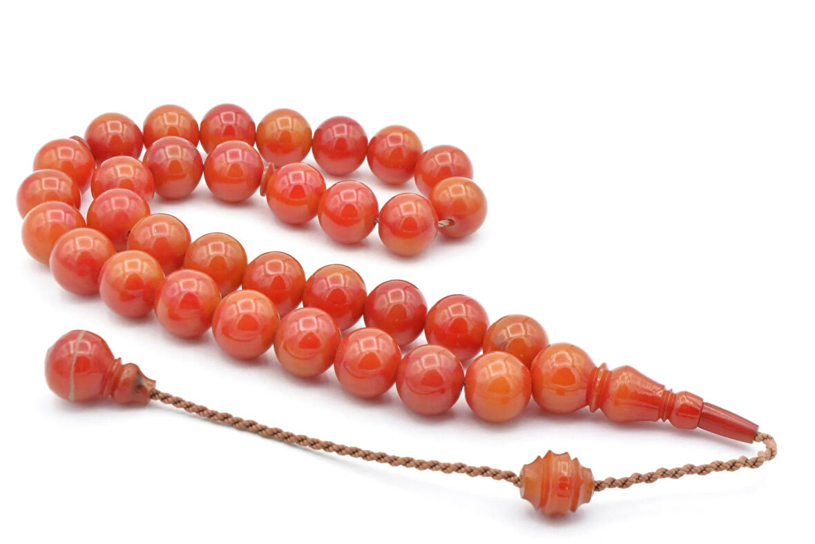 Usta İşi Sistemli Küre Kesim İri Boy Turuncu Sıkma Kehribar Tesbih