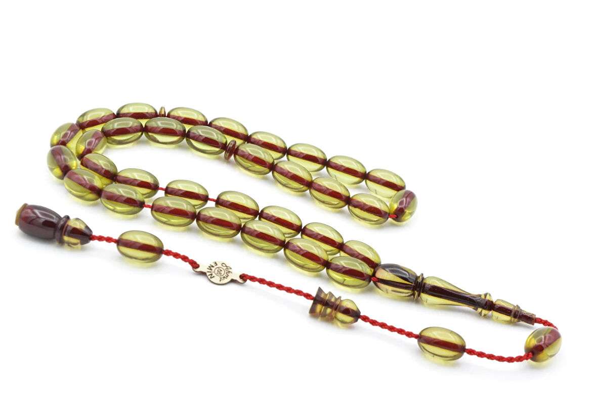 Ahmet Emin Usta İmzalı Badem Kesim Yeşil Sıkma Kehribar Tesbih