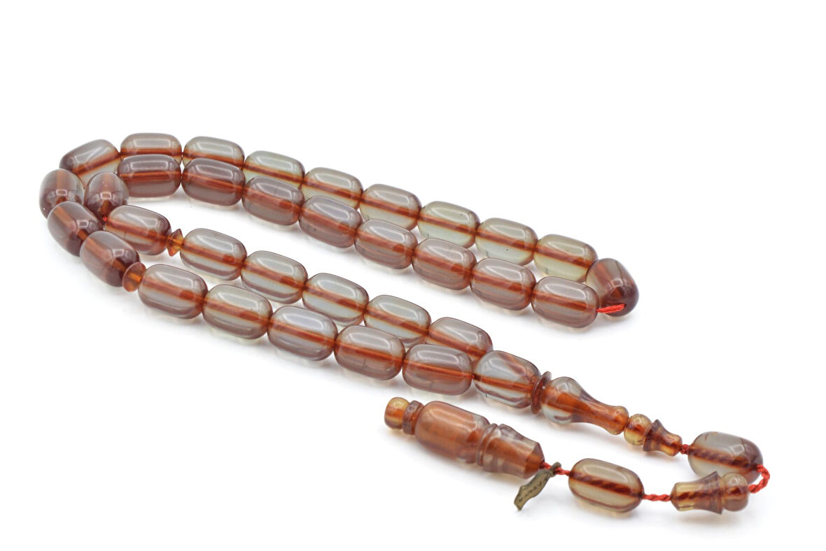 M.Tacir Usta İmzalı Kapsül Kesim Şeffaf Delim Mavi Ateş Kehribar Tesbih 