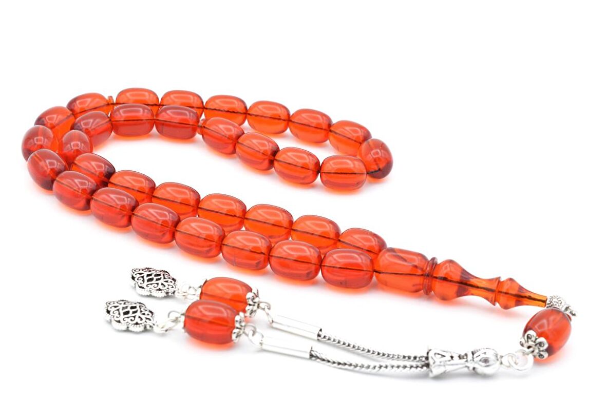 Şeffaf Delim Kapsül Kesim İri Boy Turuncu Ateş Kehribar Tesbih