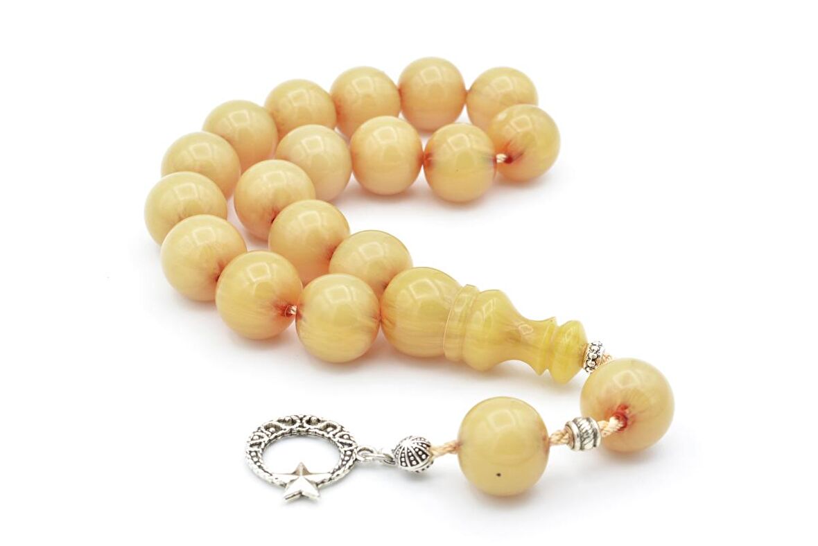 Sistemli Küre Kesim Damarlı Bej Sıkma Kehribar Efe Maskot Tesbih