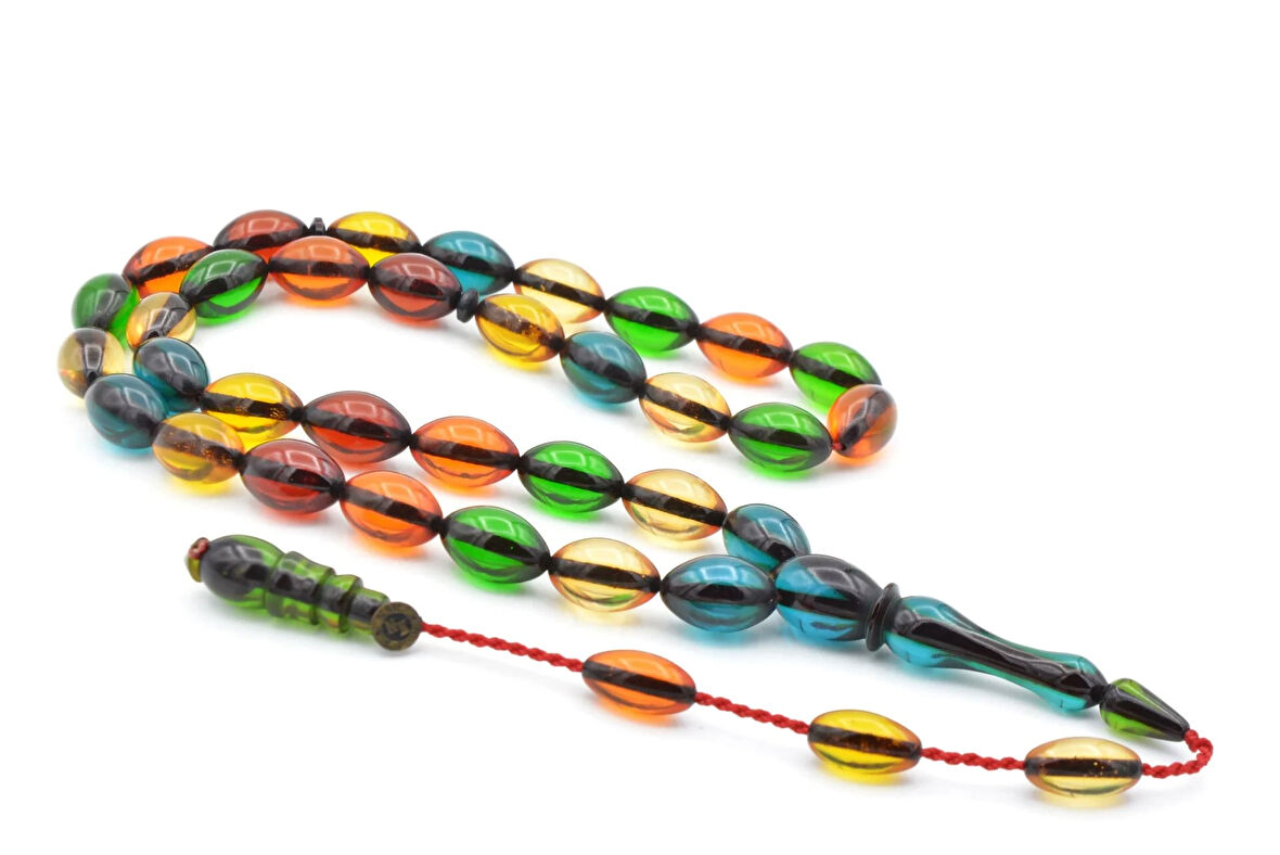 Nail Kaplan İmzalı Beyzi Kesim Rengarenk Sıkma Kehribar Tesbih