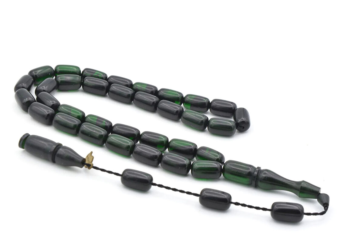 M.Tacir Usta İmzalı Kapsül Kesim Yeşil Siyah Sıkma Kehribar Tesbih