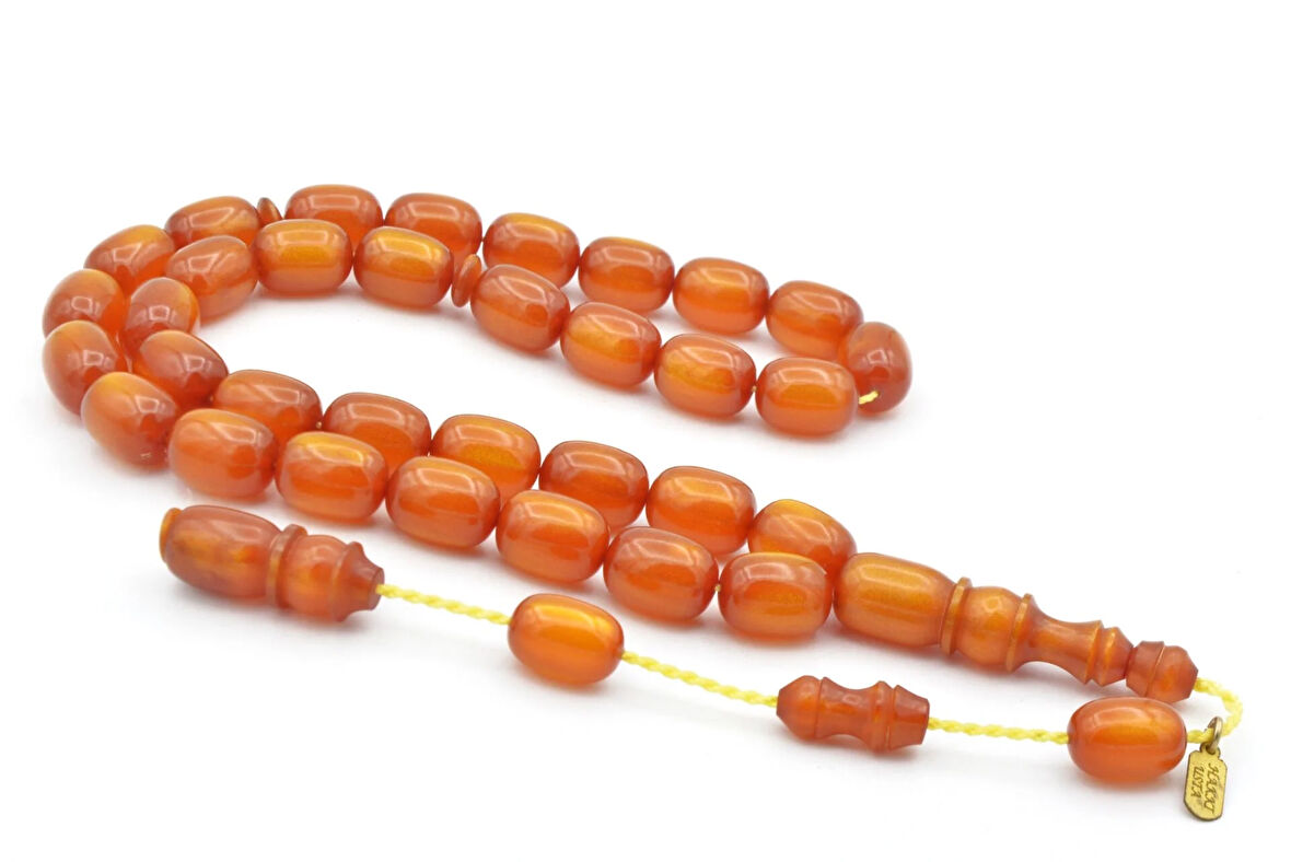 Hakkı Usta İmzalı Kapsül Kesim Simli Turuncu Sıkma Kehribar Tesbih