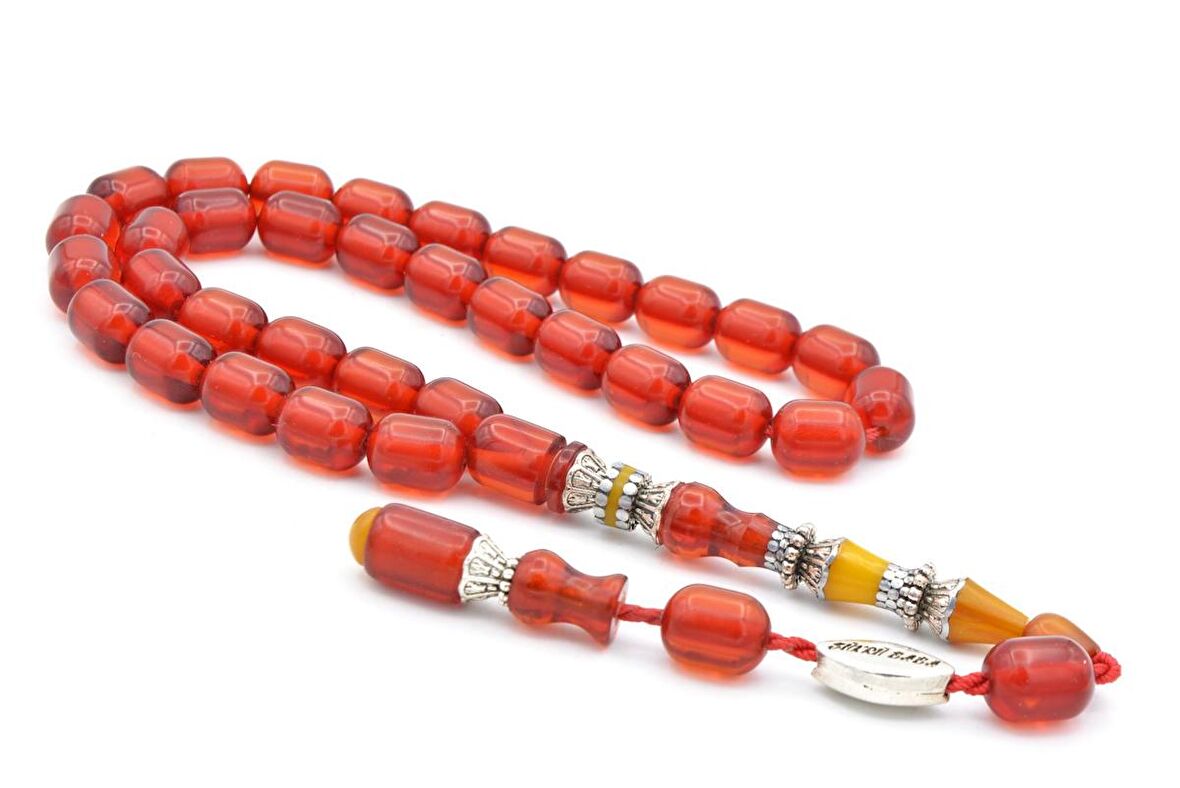 Pirinç Nakkaş İmameli Fıçı Kırmızı Sıkma Kehribar Tesbih