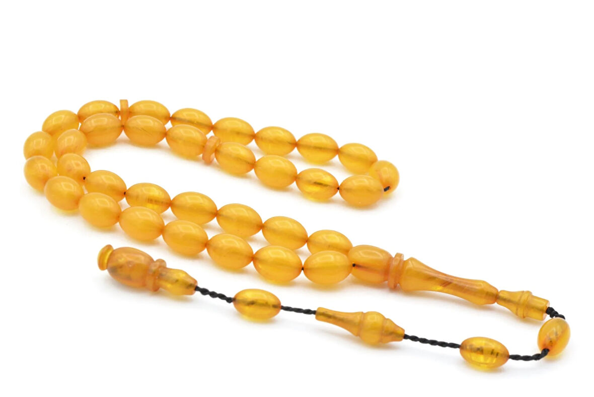 Sinan Usta Yapımı Beyzi Bilek Boy Hareli Krem Rengi Sıkma Kehribar Tesbih