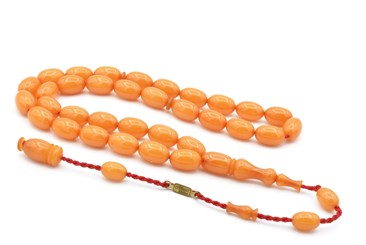 Ahmet Emin İmzalı Badem Kesim Beyaz Sıkma Kehribar Tesbih