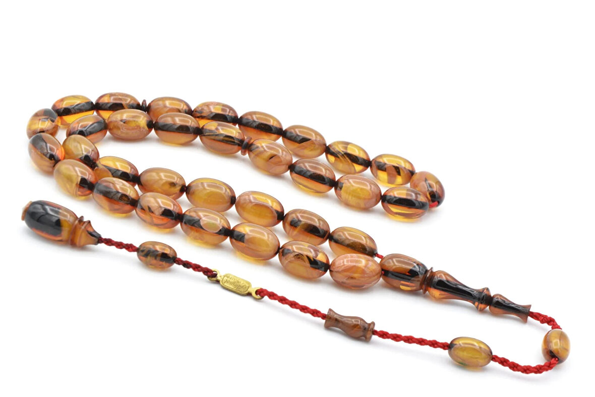 Ahmet Emin İmzalı Badem Kesim Hareli Sarı Sıkma Kehribar Tesbih