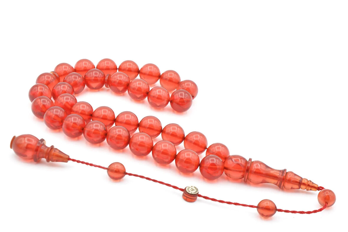 İsmail Karasapan İmzalı Küre Kesim Açık Kırmızı Sıkma Kehribar Tesbih