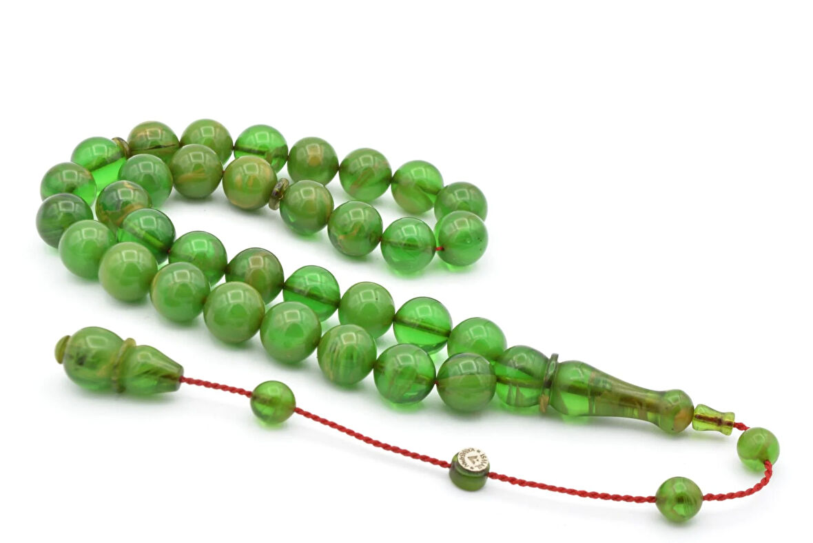 İsmail Karasapan İmzalı Küre Kesim Hareli Yeşil Sıkma Kehribar Tesbih