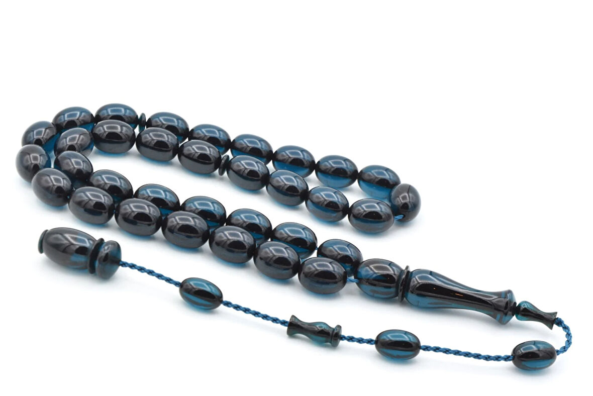 Ahmet Emin Yapımı Tombul Beyzi Kesim Lacivert Sıkma Kehribar Tesbih