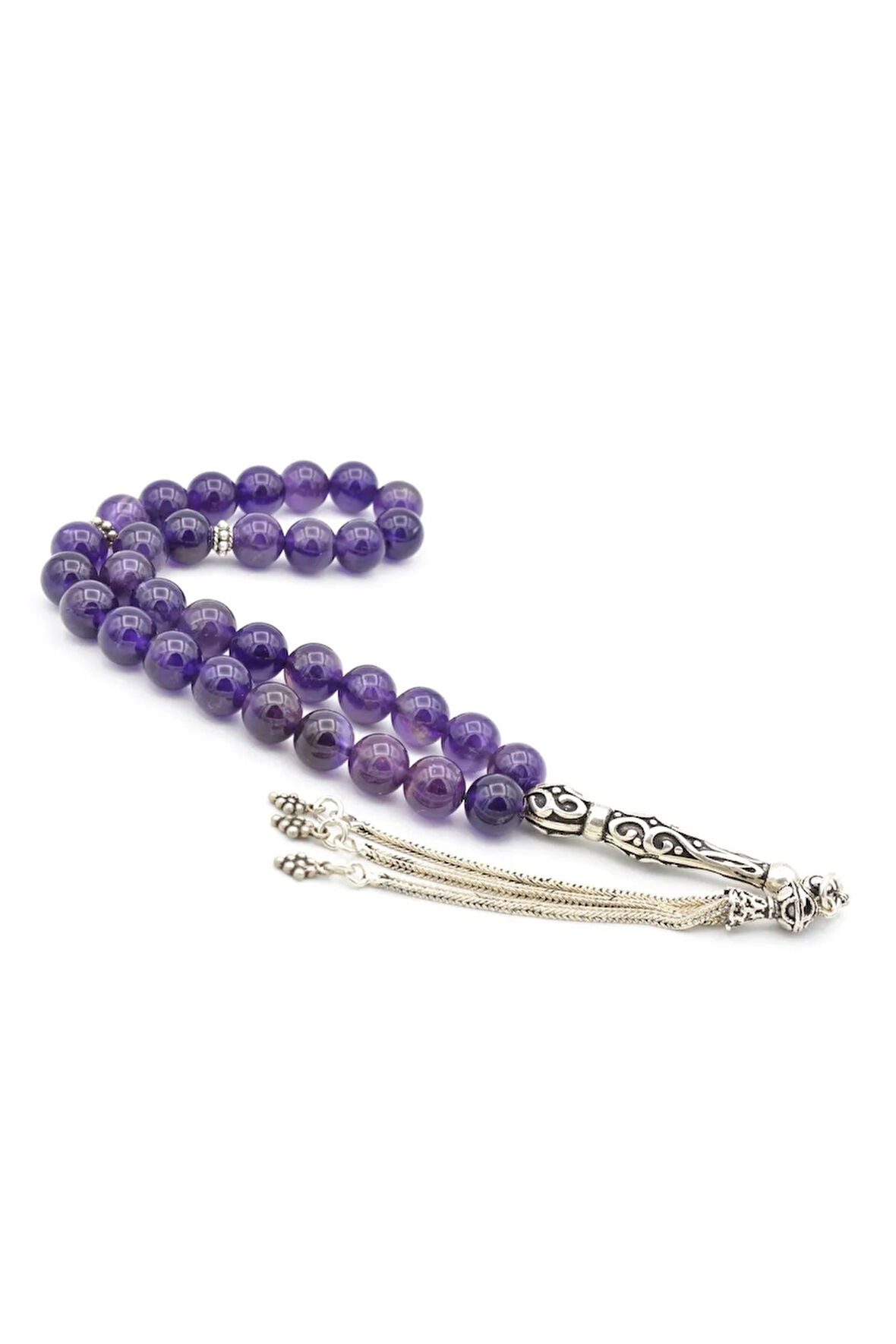 Gümüş Malzemeli Hakiki Doğal Ametist Taşı Tesbih