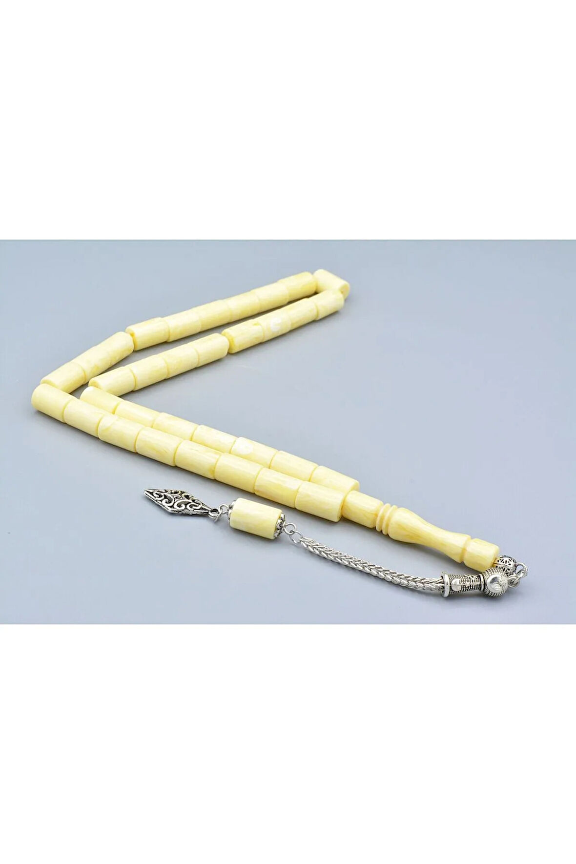 Gümüş Kaplama Kamçılı Kesme Model Beyaz Beyrut Damla Kehribar Tesbih