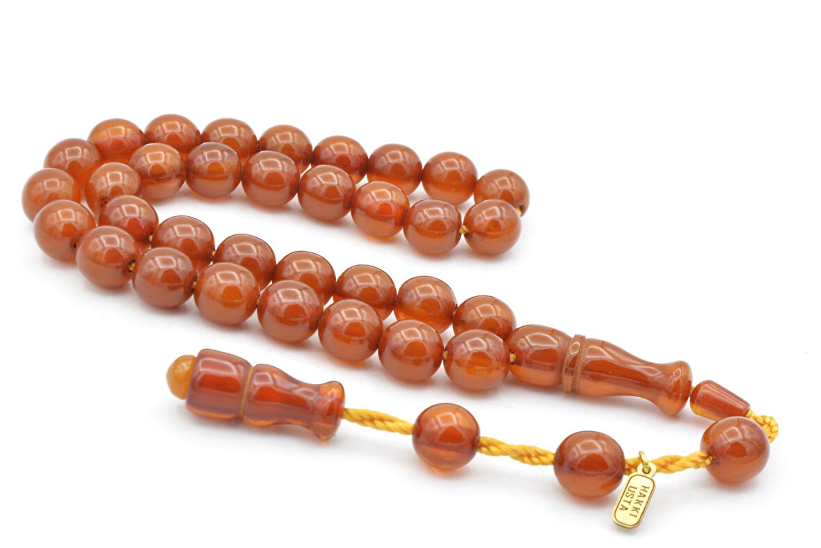 Hakkı Usta İmzalı Küre Kesim Bilek Boy Sarı Sıkma Kehribar Tesbih