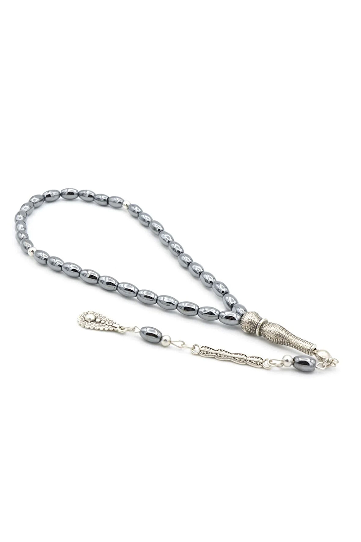 Gümüş Kaplama Malzemeli Arpa Kesim Hematit Taşı Tesbih 001