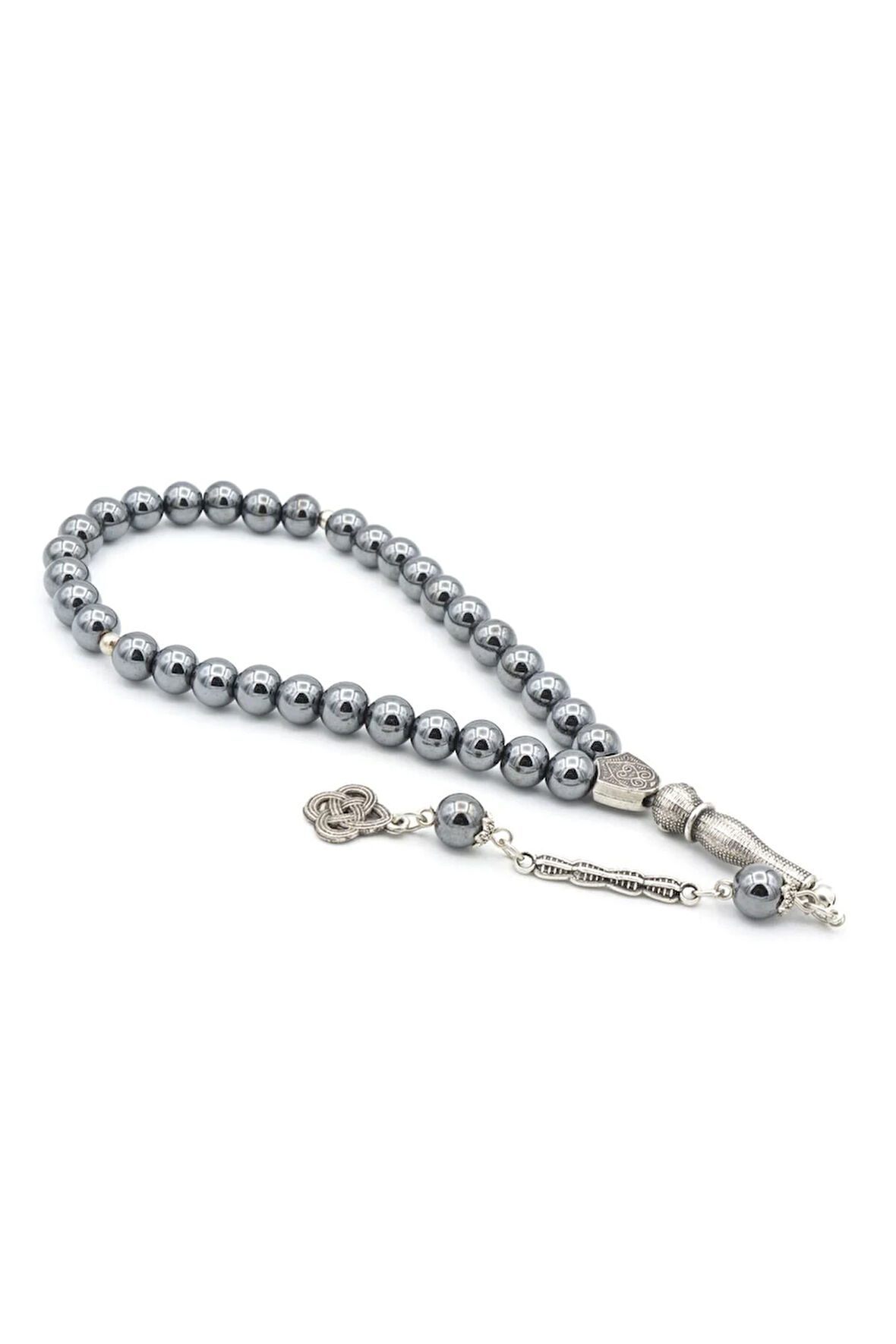 Gümüş Kaplama Malzemeli Küre Kesim Hematit Taşı Tesbih 003